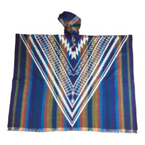 Alpaca Wool Poncho Geometric Blue Style 1