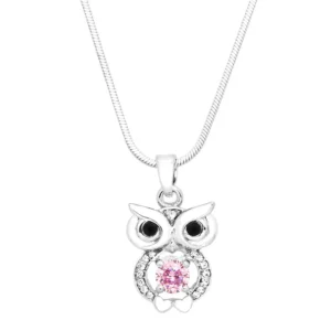 Owl Necklace White Gold S1 Clear And Pink